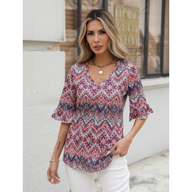 Zeagoo Womens 3/4 Ruffle Sleeve Blouse Bohemian Floral Print Shirts Casual Fitted Loose Tunics 2025 Trendy Stylish Tops