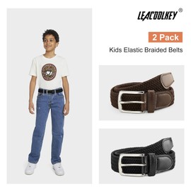 LEACOOLKEY Kids 2 Pack Elastic Braided Belts Stretch Golf Baseball Belts for Boys and Girls Aged 12-16 Years