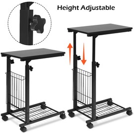 LUARANE Mobile C Shaped Side Table, Height Adjustable End Table with Wheels, Sofa Table with Side Notebook Pocket, Rolling Snack Table for Sofa Couch Bed, Black