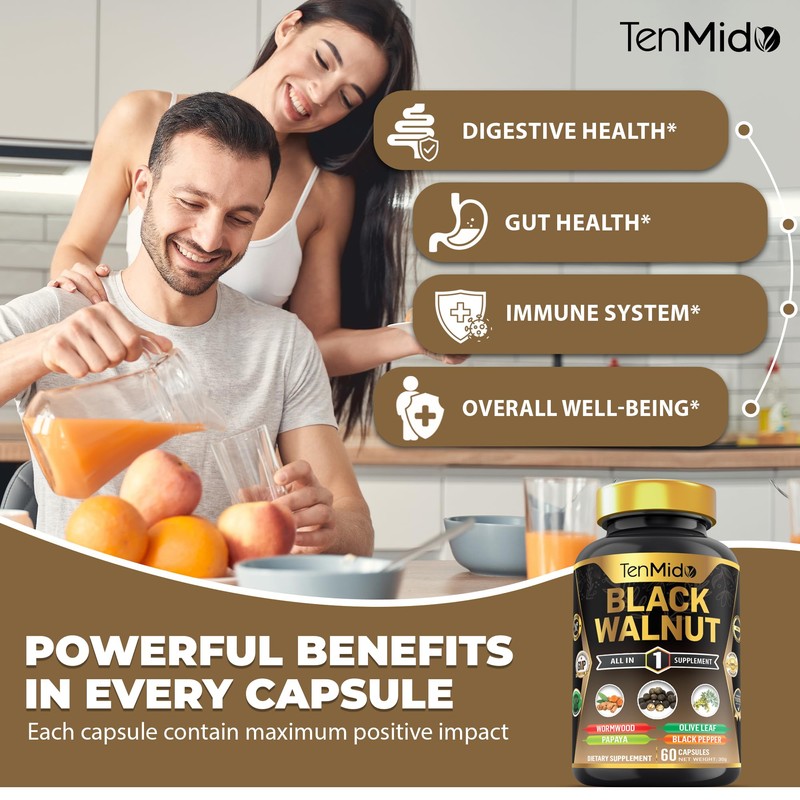 Black Walnut Supplement - 6in1 Blend with Wormwood, Turmeric, Papaya,