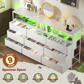 Romorgniz 55" W White Dresser for Bedroom with 9 Drawers, LED TV Stand with Power Outlets for 45, 55, 65 Inch TV, Sturdy Long Chest of Drawers with Extra 2 Wooden Shelves, 55.1" W x 35.4" H x 11.8" D