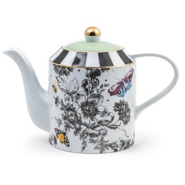 MACKENZIE-CHILDS Ceramic Teapot, Cute Teapot with Lid, 50-Ounce Capacity, Butterfly Toile