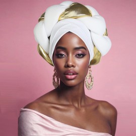 Women's African Turban Head Wrap Braid Beanie Cap Headwear Crystals Twisted Head Turbans for Women (US, Alpha, One Size, Medium, White)