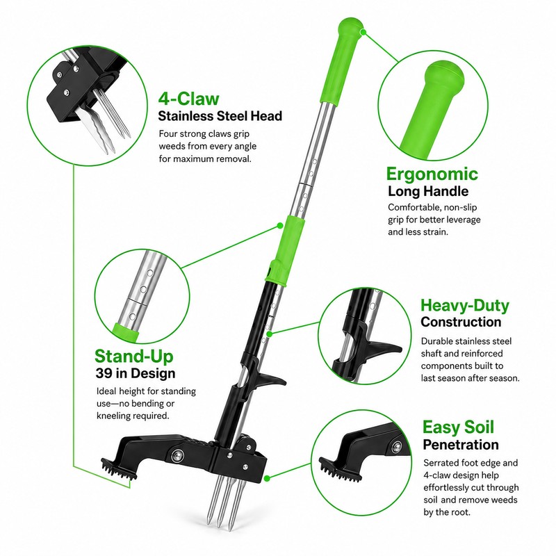 4-Claw Stand-Up Weed Puller for Lawn Care – 39" Long