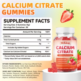 Calcium Citrate Gummies 1200mg Chewable Calcium Supplements for Women and Men, Sugar Free Calcium Chews for Bone Support, Non-GMO, Gluten Free - Natural Strawberry Flavor, 120 Count