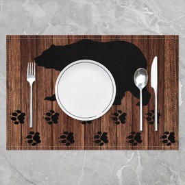 4 PCS of Black Bear Placemats 12x18 Rustic Brown Farmhouse Wooden Board Place Mats Countryside Woodland Animal Bear Paws Heat Resisting Decor Non Slip Table Mats for Dining Table