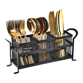 Kitchen Utensil Holder, Silverware Caddy Organizer Holder, Compact Metal Organizer for Flatware, Cutlery, Spoons, Forks, and Knives - 3 Separate Compartments Perfect for Kitchen Countertop- Black
