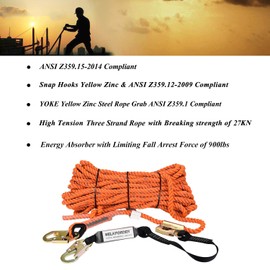 WELKFORDER 100FT Vertical Lifeline Assemble Three Strand Rope Fall Protection with Rope Grab Snap Hooks Shock Absorber Fall Protection Safety Equipment ANSI Compliant