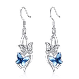 Flpruy Blue Crystal Butterfly Earrings 925 Sterling Silver Infinity Double Butterfly Dangle Earrings Jewelry Gifts for Women