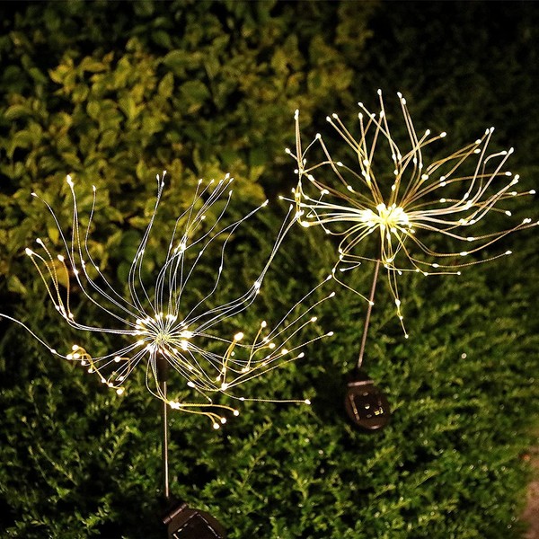 Solar LED Firework Lights 2Pack Landscape Lights Flashing Fairy Lights for Outdoor Garden, Patio, Lawn, Backyard, Party, Home Decor (Warm White)