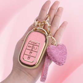 Meruns Compatiable with Honda key fob cover with Diamond Bling Keychain, Car Accessories Key holder Shell Full Protection for 2022 2023 2024 2025 Accord Civic HR-V CR-V Pilot,Gold Pink