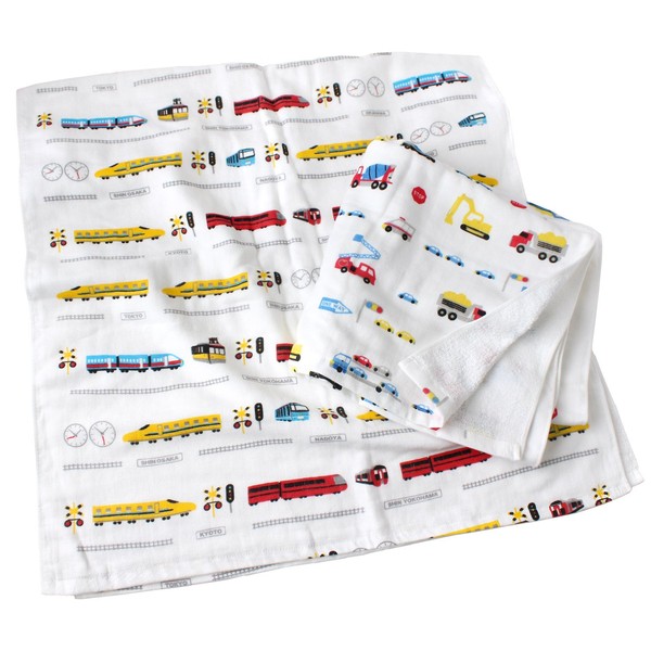 Hiorie Bath Towel, Boys Pattern, Gauze Towel, Set of 2, Train + Car, Senshu Towel