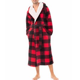 DAVID ARCHY Men's Soft Plush Fleece Robe Full Length Hooded Long Bathrobe for Men with Hood (M, Red Grid- Shu Velveteen)