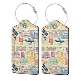 Set of 2 Luggage Tags for Suitcases Retro Stamp Carte Postale Leather Cruise Suitcases Tag with Stainless Steel Loop Privacy Cover ID Label Travel Bag Tags Luggage Identifiers for Women Men Travel