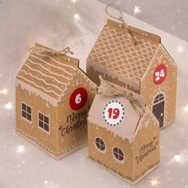 MIJOMA DIY Advent Calendar for Filling - 24 Christmas Houses in 3 Sizes, with Number Stickers & Jute Cord, Perfect Christmas Decoration