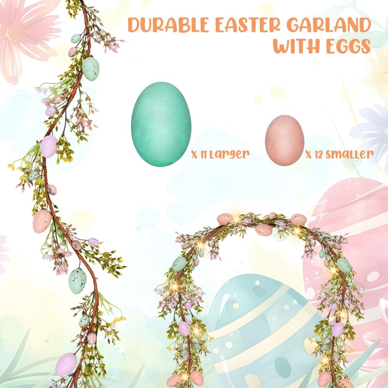 6FT Lighted Easter Egg Garland with Spring Flowers, Long Artificial