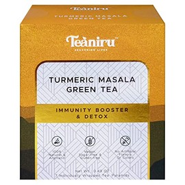 Teaniru, Turmeric Masala Green Tea - 7 Pyramid Tea Bags in Individual Sachets| Detox Green Tea & Immunity Booster | Turmeric Tea with Ginger, Pure Leaf Green Tea - Brew Hot or Cold