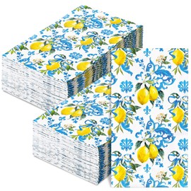 AnyDesign 100Pcs Lemon Guest Napkin Yellow Blue Print Disposable Paper Napkin Spring Summer Dinner Hand Napkin for Party Bathroom Supplies