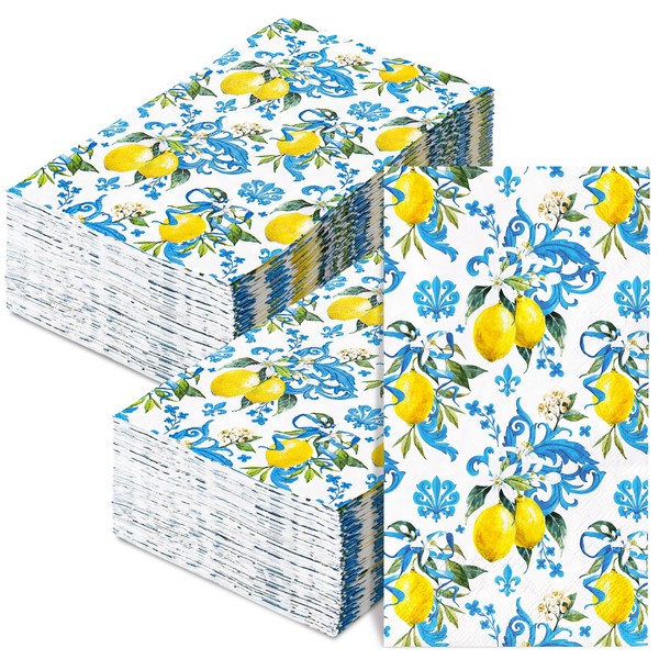 AnyDesign 100Pcs Lemon Guest Napkin Yellow Blue Print Disposable Paper