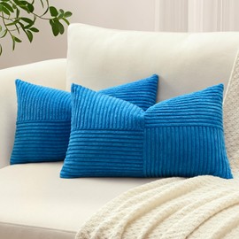 Sungeek Set of 2 Decorative Cushion Covers 30 x 50cm Soft Corduroy Striped Cross Patchwork Textured Pillow Covers Solid Lumbar Throw Pillow Cases for Sofa Bed Patio 12x20 Inch, Blue