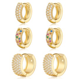 LYLYMIMI 3 Pairs Small Gold Hoop Earrings Set for Women Golden Cartilage Earrings Diamond Pave Gold Earrings Set with Sterling Silver Post (Gold)