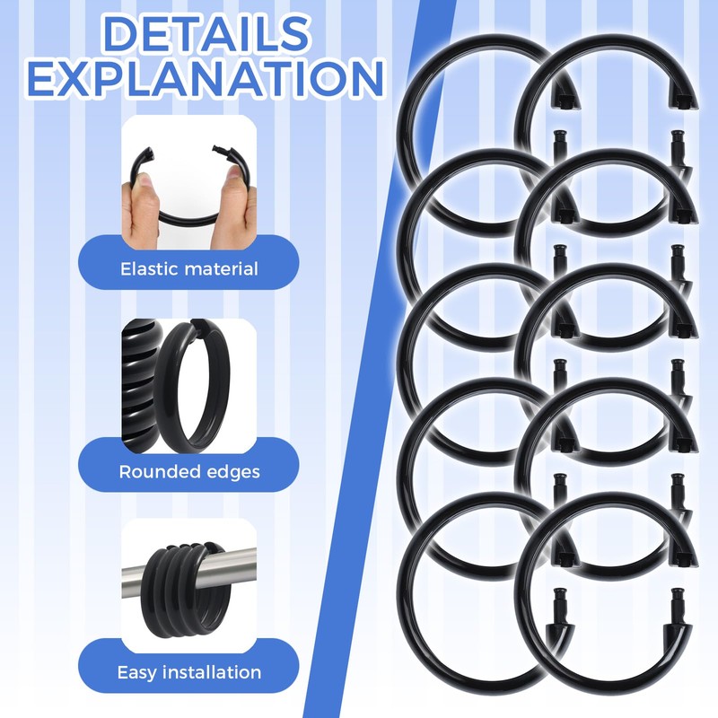 18 Pack Black Shower Curtain Rings, Easy Snap Hooks for