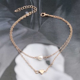 Yheakne Boho Layered Pearl Anklet Gold Heart Ankle Bracelet Love Heart Anklet Chain Vintage Foot Chain Jewelry for Women and Girls