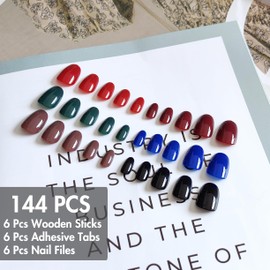 6 Packs Press On Nails Short Oval, KQueenest Acrylic Press On Nails Almond Short, Short Fake Nails Press Ons, Dark Color Glue On Nails Short Round for Women Christmas Winter Gift 144 Pcs
