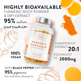 AAVALABS Turmeric and Black Pepper Capsules with Ginger Root Extract - Not Turmeric Tablets - 95% Curcumin Extract, Ginger & Piperine - 180 Capsules - 3 Months Supply - Vegan