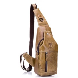 ACEMT Men's shoulder bag, leather chest shoulder backpack, crossbody wallet, waterproof, anti-theft, travel, cycling, leisure (yellow)