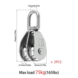 2PCS 304 Double Pulley Wheel Roller Versatile M20 Double Pulley Block 360° Degree Rotable Heavy Duty Double Wheel Swivel Lifting Pulley for Block and Tackle Pulley System