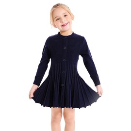 SMILING PINKER Little Girls Pleated Dress School Uniform Long Sleeve Button Front Knit Sweater Dress (Navy Blue, 8-9 Years)