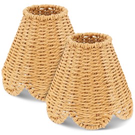 2 Pack Small Rattan Lamp Shades with Clip - Clip-On Boho Scalloped Woven Lampshades,2.95" Top X 5.9" Bottom,Natural Wicker Rope Replacement Shade for Table Bedroom Lamps Chandelier Accent Lamps