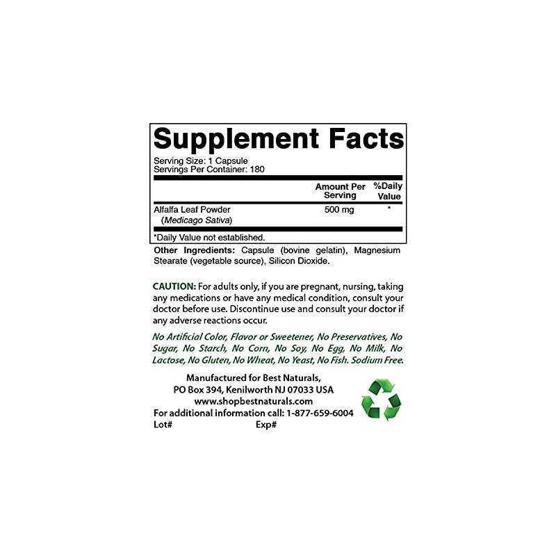 Best Naturals Alfalfa Green Super Food 500 mg 180 Capsules