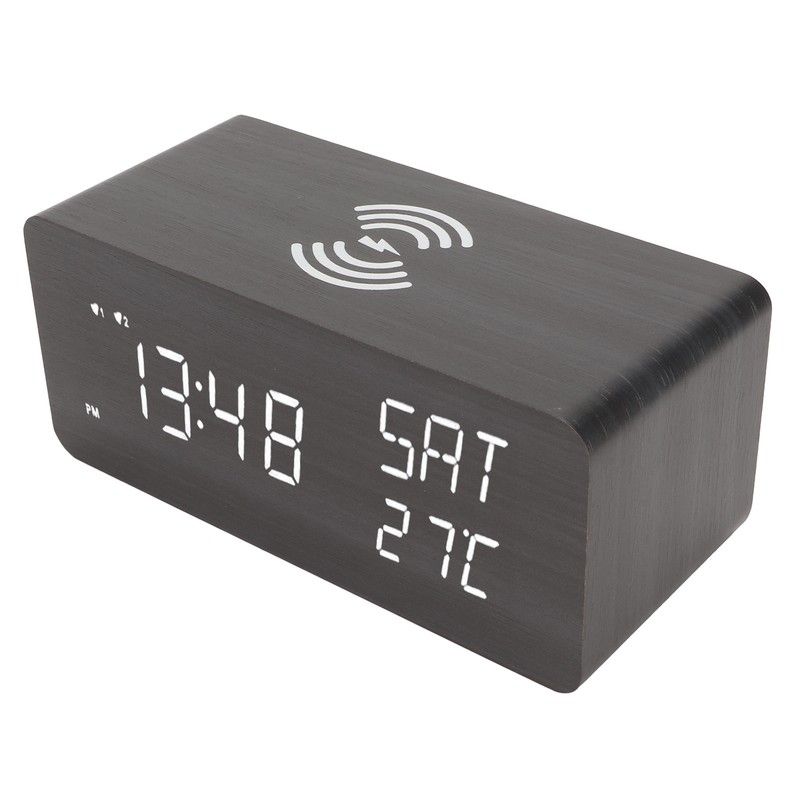 Wooden Digital Alarm Clock with Wireless Charging Black Adjustable Brightness