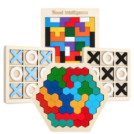 NAODONGLI Wooden Puzzles,Geometric Shape Logic Hexagon Puzzle Toys Brain Teasers STEM Montessori Educatioanl IQ Board Games for Kids Boys Girls Ages 3+ (4 Pack)