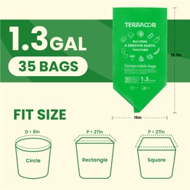 TERRACOR 1.3 to 1.6 Gallon Compostable Trash Bags, 35 Count Green Compost Bags for Countertop Bin, Food Waste, Dispenser Packs Organic Biodegradable Bags BPI Certified Meet ASTM D6400 Standard