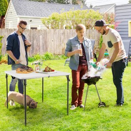 Tangkula 34" Folding Table, Portable Picnic Table with All-Weather HDPE Tabletop, Heavy-Duty Metal Frame, Carry Handle, Fold-in-Half Plastic Outdoor Table for Camping, Dining, BBQ, No Assembly Needed