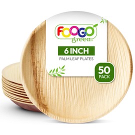 FOOGO Green 50 Disposable Palm Leaf Plates, 6 Inch (15 cm) Small Round Dessert Plates, Eco-Friendly, Biodegradable, Compostable Plates, Like Wooden Plates, Paper Plates, for Hot Food