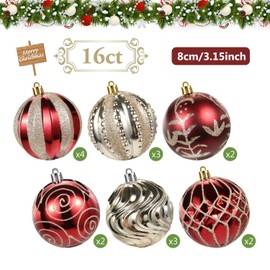 SVNVIOZ Pack of 16 8 cm Christmas Baubles Red Gold Christmas Tree Baubles Plastic Decoration Christmas Shatterproof Christmas Tree Decoration with Hanger, Christmas Tree Baubles for Christmas
