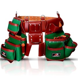 AP LEATHER Heavy-Duty Tool Belt Pouch with Premium Canvas and Leather,Adjustable Fit (30"-50"), Leather Tool Pouch Green for men suspender (Green, Extra Large)