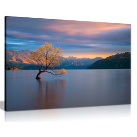 Panther Print Fine Art Prints Sunrise on Lake Wanaka Tree Artistic Framed Canvas Print, Pictures for Home Walls, Bedroom, Living Room & Bathroom Decor 31x20cm (12x8in)