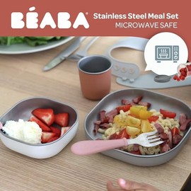 Juego de comida de acero inoxidable BEABA | Apto para microondas y horno | Platos, tazones y taza para bebé con funda de silicona antideslizante | Platos infantiles no tóxicos, verde salvia