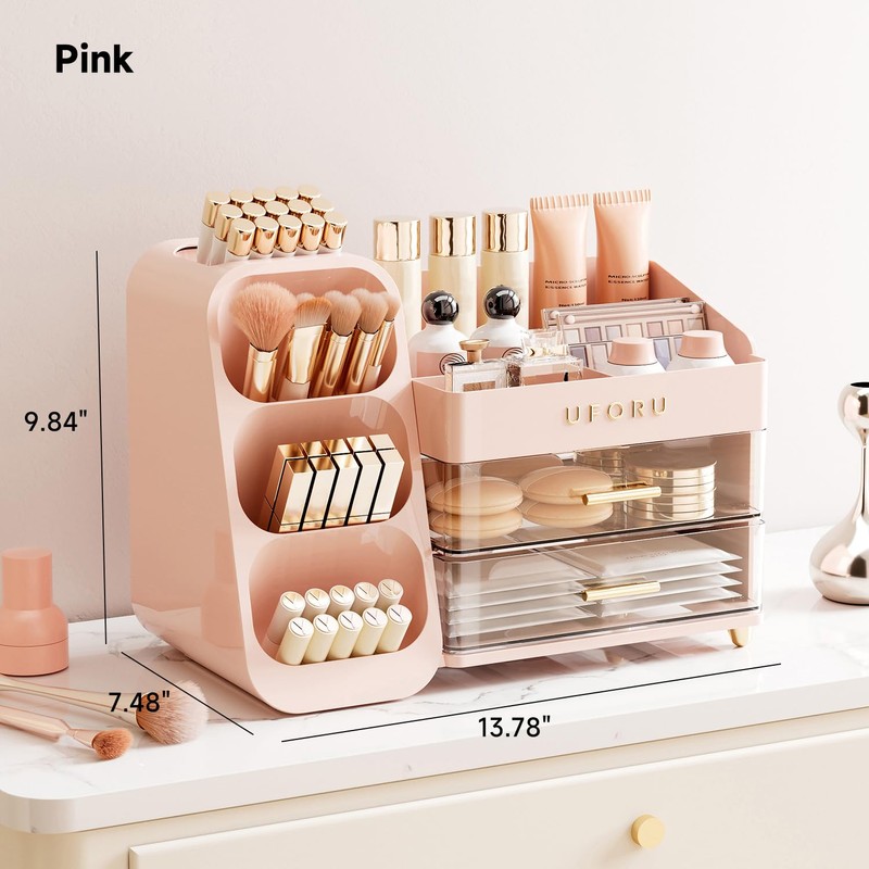 UFORU Makeup Organizer for Vanity with Brush Holder, Large Plastic