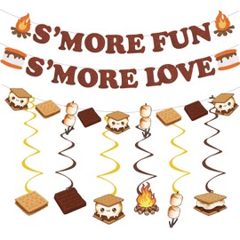 Camping Smores Themed Party Decorations,S'more Fun and Love Banner with Hanging Swirls for Camping Smore Birthday Party Decor Supplies