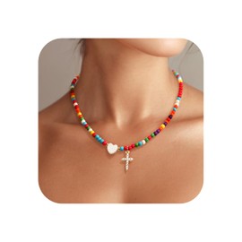 LUNADORN Colorful Beaded Choker Necklaces for Women Cross Necklace 18K Real Gold Plated Dainty CZ Heart Cross Pendant for Women Faith Jewelry Religious Minimalist Gift