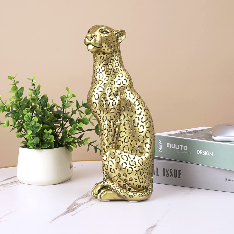 Modern Polyresin 11" H Gold Cheetah Figurine Sitting Home Decor
