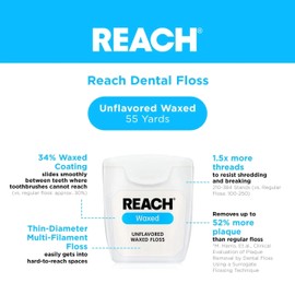 Reach Unflavored Waxed Dental Floss for Oral Care & Removal of Plaque & Food from Teeth & Gum Line, Accepted by The American Dental Association (ADA), Unflavored, 55 yds (Pack of 6)