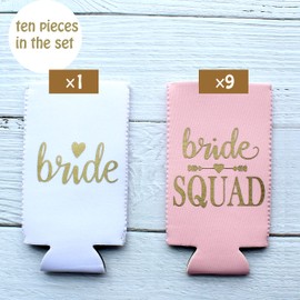 PartyGifts&Beyond 10Packs Bachelorette Party Decorations Slim Can Cooler Bridesmaid Gifts Can Cooler Bride Squad Can Sleeves(Pink)