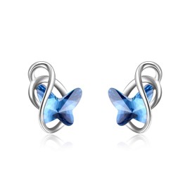 AOBOCO Sterling Silver Infinity Butterfly Earrings Embellished with Crystals from Austria, Hypoallergenic Stud Earrings, Anniversary Birthday Butterfly Jewelry Gifts for Women (Blue)